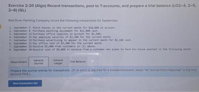 Exercise 2-20 (Algo) Record transactions, post to T-accounts, and prepare a trial balance (LO2-4, 2-5,
2-6) (GL)
Red River Painting Company Incurs the following transactions for September.
1. September 3 Paint houses in the current month for $10,000 on account.
2. September 8 Purchase painting equipment for $11,eee cash.
3. September 12 Purchase office supplies on account for $1,500.
4. September 15 Pay employee salaries of $2,200 for the current month.
5. September 19 Purchase advertising to appear in the current month for $1,100 cash.
6. September 22 Pay office rent of $3,400 for the current month.
7. September 26 Receive $5,000 from customers in (1) above.
8. September 30 Receive cash of $4,000 in advance from a customer who plans to have his house painted in the following month.
Requirement
General
Journal
General
Ledger
View transaction list
Trial Balance
Prepare the journal entries for transactions. (If no entry is required for a transaction/event, select "No Journal Entry Required" in the first
account field.).