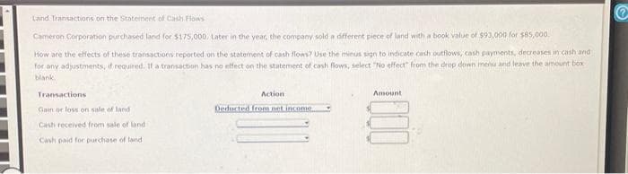 Land Transactions on the Statement of Cash Flows
Cameron Corporation purchased land for $175,000. Later in the year, the company sold a different piece of land with a book value of $93,000 for $85,000.
How are the effects of these transactions reported on the statement of cash flows? Use the minus sign to indicate cash outflows, cash payments, decreases in cash and
for any adjustments, if required. If a transaction has no effect on the statement of cash flows, select "No effect from the drop down menu and leave the amount box
blank.
Transactions
Gain or loss on sale of land
Cash received from sale of land i
Cash paid for purchase of land
Action
Deducted from net income
Amount