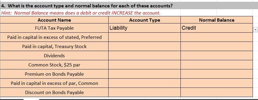 4. What is the account type and normal balance for each of these accounts?
Hint: Normal Balance means does a debit or credit INCREASE the account.
Account Name
Account Type
FUTA Tax Payable
Paid in capital in excess of stated, Preferred
Paid in capital, Treasury Stock
Dividends
Common Stock, $25 par
Premium on Bonds Payable
Paid in capital in excess of par, Common
Discount on Bonds Payable
Liability
Credit
Normal Balance
▸