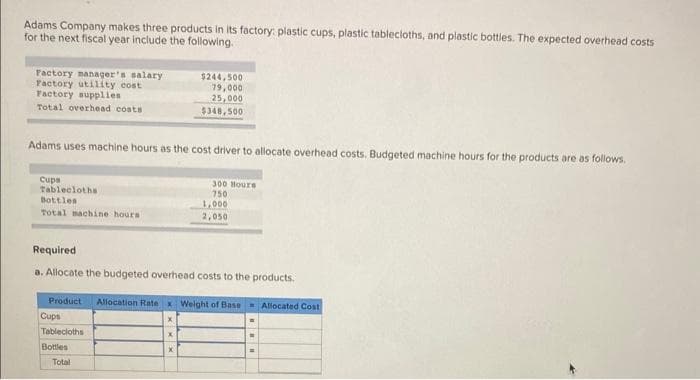 Adams Company makes three products in its factory: plastic cups, plastic tablecloths, and plastic bottles. The expected overhead costs
for the next fiscal year include the following.
Factory manager's salary
Factory utility cost
Factory supplies
Total overhead costs
Adams uses machine hours as the cost driver to allocate overhead costs. Budgeted machine hours for the products are as follows.
Cupa
Tablecloths
Bottles
Total machine hours
$244,500
79,000
25,000
$348,500
Required
a. Allocate the budgeted overhead costs to the products.
Total
300 Hours
750
1,000
2,050
Product Allocation Rate x Weight of Base
Cups
Tablecloths
Bottles
X
m
.
Allocated Cost