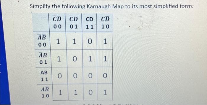 Simplify the following Karnaugh Map to its most simplified form:
CD CD CD CD
00 01
11 10
AB
00
AB
01
AB
11
AB
10
1
1
0
1
O
0 1
1 1
0 0 0
1 1 0 1