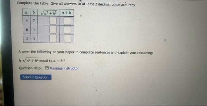 Complete the table: Give all answers to at least 2 decimal place accuracy.
a b √a²+b²a+b
4 7
9
1
2 5
Answer the following on your paper in complete sentences and explain your reasoning:
Is Va² + b² equal to a + b?
Question Help: Message instructor
Submit Question