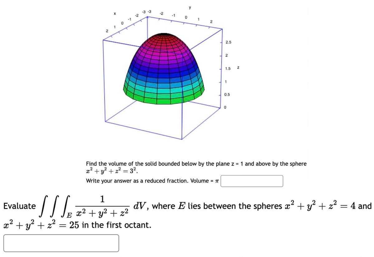 ///
Evaluate
x² + y² + z²
2
1
0
-2
1
E x²
x² + y² + z²
25 in the first octant.
0
1
2
2.5
2
1.5
1
0.5
0
Z
Find the volume of the solid bounded below by the plane z = 1 and above by the sphere
x² + y² +2²= 3².
Write your answer as a reduced fraction. Volume = π
dV, where E lies between the spheres x² + y² + z² = 4 and