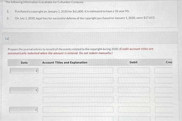 The following information is available for Cullumber Company.
1.
2.
(a)
Purchased a copyright on January 1, 2020 for $61,800. It is estimated to have a 10-year life.
On July 1, 2020, legal fees for successful defense of the copyright purchased on January 1, 2020, were $17,613.
Prepare the journal entries to record all the events related to the copyright during 2020. (Credit account titles are
automatically indented when the amount is entered. Do not indent manually.)
Date
]]]
Account Titles and Explanation
Debit
Cred