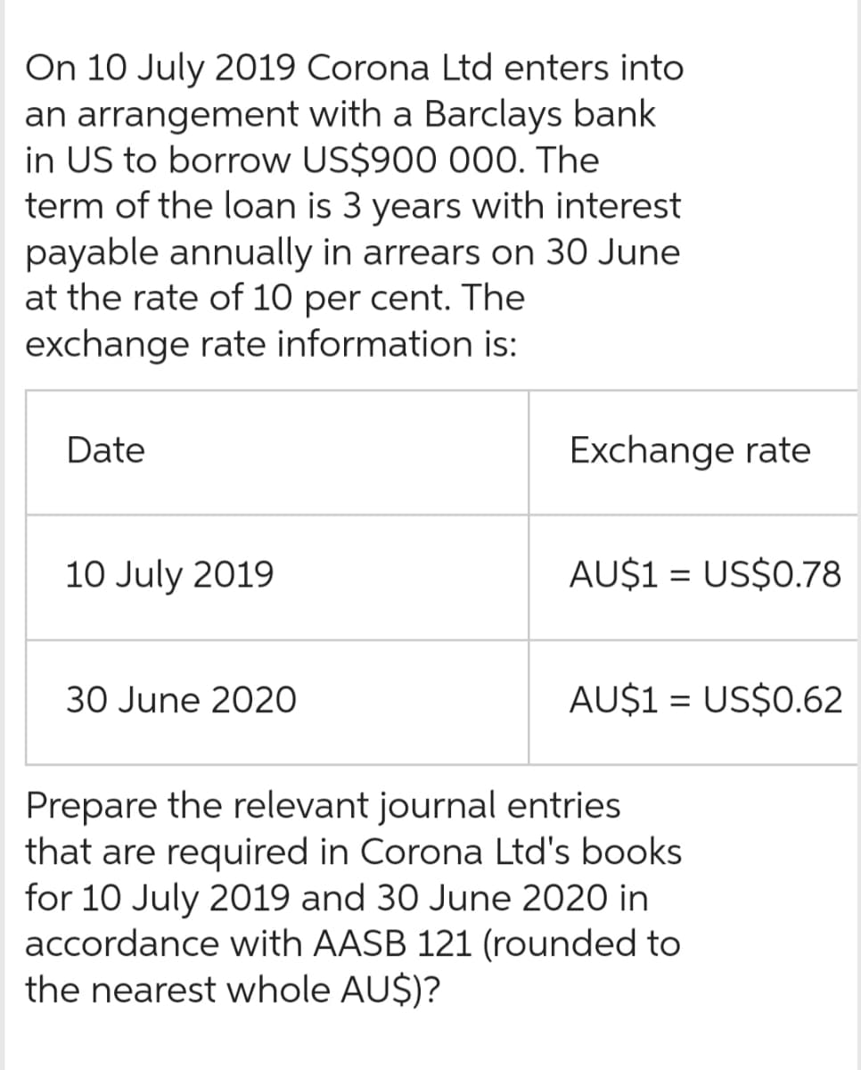 On 10 July 2019 Corona Ltd enters into
an arrangement with a Barclays bank
in US to borrow US$900 000. The
term of the loan is 3 years with interest
payable annually in arrears on 30 June
at the rate of 10 per cent. The
exchange rate information is:
Date
10 July 2019
30 June 2020
Exchange rate
AU$1 = US$0.78
AU$1 = US$0.62
Prepare the relevant journal entries
that are required in Corona Ltd's books
for 10 July 2019 and 30 June 2020 in
accordance with AASB 121 (rounded to
the nearest whole AU$)?