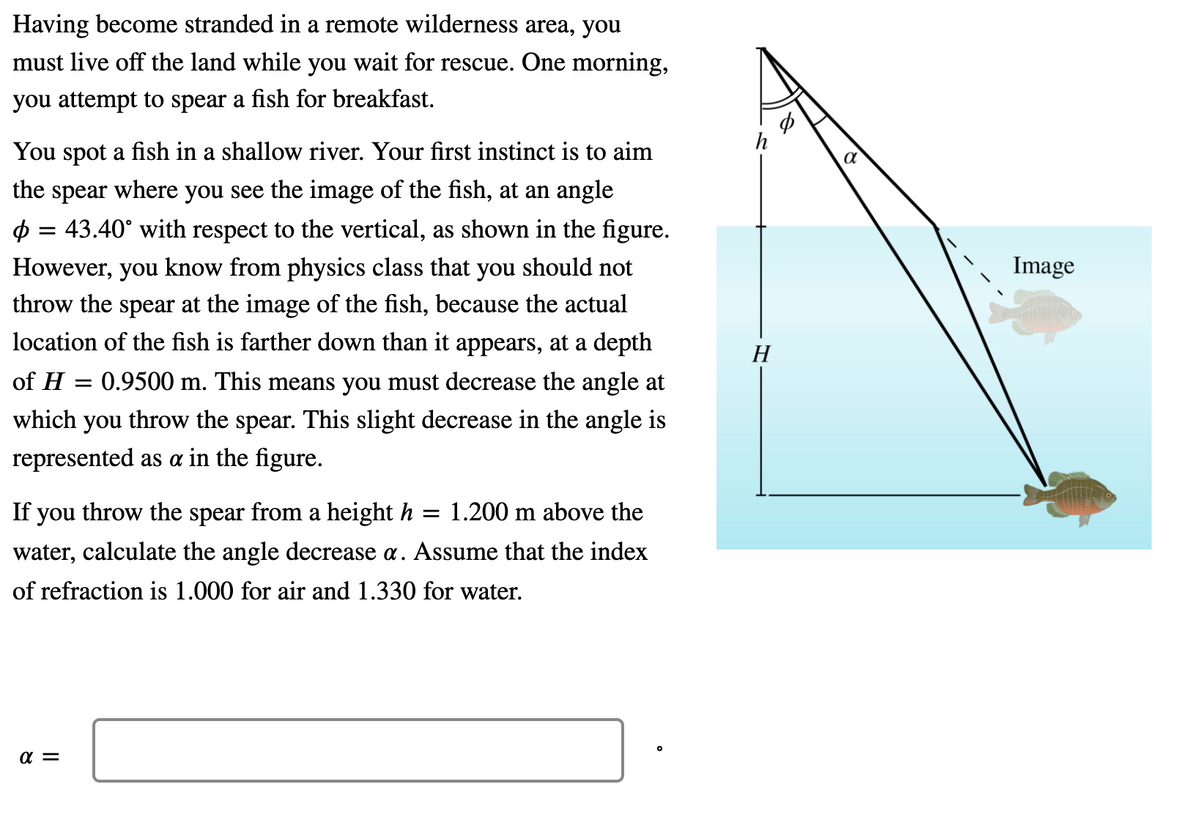 Having become stranded in a remote wilderness area, you
must live off the land while you wait for rescue. One morning,
you attempt to spear a fish for breakfast.
h
You spot a fish in a shallow river. Your first instinct is to aim
the spear where you see the image of the fish, at an angle
$ = 43.40° with respect to the vertical, as shown in the figure.
However, you know from physics class that you should not
Image
throw the spear at the image of the fish, because the actual
location of the fish is farther down than it appears, at a depth
H
of H
0.9500 m. This means you must decrease the angle at
which you throw the spear. This slight decrease in the angle is
represented as a in the figure.
If you throw the spear from a height h :
1.200 m above the
water, calculate the angle decrease a. Assume that the index
of refraction is 1.000 for air and 1.330 for water.
