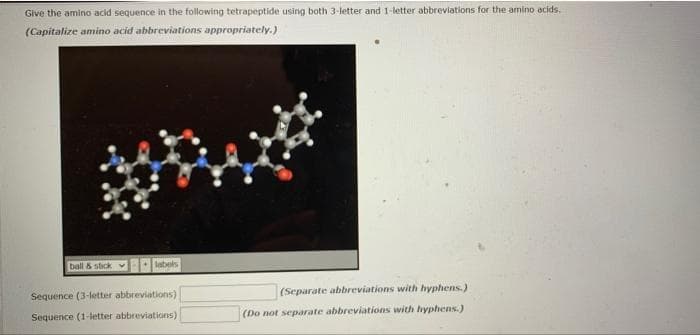 Give the amino acid sequence in the following tetrapeptide using both 3-letter and 1-letter abbreviations for the amino acids.
(Capitalize amino acid abbreviations appropriately.)
ball & stick
labels
(Separate abbreviations with hyphens.)
Sequence (3-letter abbreviations)
Sequence (1-letter abbreviations)
(Do not separate abbreviations with hyphens.)