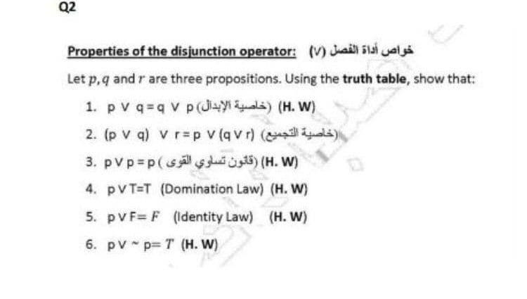 Q2
Properties of the disjunction operator: (V) Jai 5laiala
Let p,q and r are three propositions. Using the truth table, show that:
1. p v q=q V p (J+yi ala) (H. W)
2. (p V q) v r=p V (q V r) ( i)
3. pvp=p(s s ) (H. w)
4. pVT-T (Domination Law) (H. W)
5. pVF= F (ldentity Law) (H. W)
6. pv p T (H. W)
