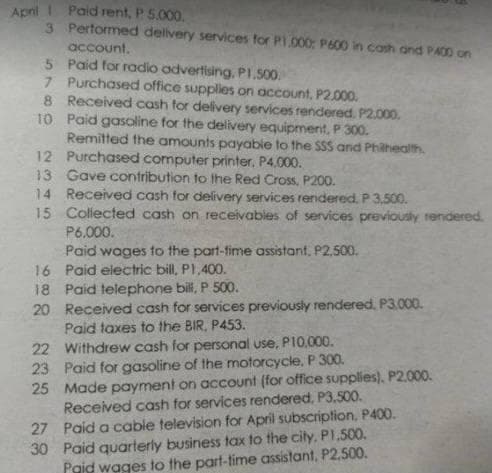 Aprl 1 Paid rent, P 5.000.
3 Pertormed delvery services for PI.000: P600 in cash and PACD on
account.
5 Paid for radio advertising, P1.500.
7 Purchased office supplies on account, P2.000.
8 Received cash tor delivery services rendered, P2.000.
10 Paid gasoline for the delivery equipment, P 300.
Remitted the amounts payable to the $SS and Phihealth.
12 Purchased computer printer, P4.000.
13 Gave contribution to the Red Cross, P200.
14 Received cash for delivery services rendered. P 3,500.
15 Collected cash on receivabies of services previously rendered.
P6.000.
Paid wages to the part-fime assistant, P2.500.
16 Paid electric bill, P1,400.
18 Paid telephone bil, P 500.
20 Received cash for services previously rendered, P3.000.
Paid taxes to the BIR, P453.
22 Withdrew cash for personal use, PI0.000.
23 Paid for gasoline of the motorcycle, P 300.
25 Made payment on account (for office supplies), P2.000.
Received cash for services rendered, P3,500.
27 Paid a cable television for April subscription, P400.
30 Paid quarterly business tax to the city, PI,.500.
Paid wages to the part-time assistant, P2,500.
