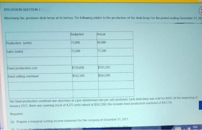 DISCUSSION QUESTION 2
Microlamp Inc. produces desk lamps at its factory. The following relates to the production of the desk lamps for the period ending December 31, 203
Budgeted
Actual
Production (units)
75,000
30,000
Sales (units)
72.500
77,500
Fixed production cost
$750,000
$781,250
Fixed selling overhead
$562,500
$562.500
The fixed production overhead was absorbed at a pre-determined rate per unit produced. Each desk lamp was sold for $450. At the beginning of
January 2021, there was opening stock of 4,375 units valued at $262,500 this includes fixed production overhead of 543.750,
Required:
(a) Prepare a marginal costing income statement for the company at December 31, 2021
ENG
