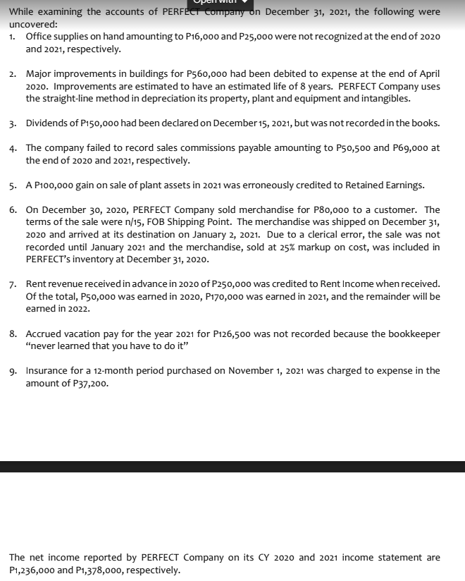 While examining the accounts of PERFECT Company on December 31, 2021, the following were
uncovered:
1. Office supplies on hand amounting to P16,000 and P25,000 were not recognized at the end of 2020
and 2021, respectively.
2. Major improvements in buildings for P560,000 had been debited to expense at the end of April
2020. Improvements are estimated to have an estimated life of 8 years. PERFECT Company uses
the straight-line method in depreciation its property, plant and equipment and intangibles.
Dividends of P150,000 had been declared on December 15, 2021, but was not recorded in the books.
3.
4. The company failed to record sales commissions payable amounting to P50,500 and P69,000 at
the end of 2020 and 2021, respectively.
5. A P100,000 gain on sale of plant assets in 2021 was erroneously credited to Retained Earnings.
6.
On December 30, 2020, PERFECT Company sold merchandise for P80,000 to a customer. The
terms of the sale were n/15, FOB Shipping Point. The merchandise was shipped on December 31,
2020 and arrived at its destination on January 2, 2021. Due to a clerical error, the sale was not
recorded until January 2021 and the merchandise, sold at 25% markup on cost, was included in
PERFECT's inventory at December 31, 2020.
7. Rent revenue received in advance in 2020 of P250,000 was credited to Rent Income when received.
Of the total, P50,000 was earned in 2020, P170,000 was earned in 2021, and the remainder will be
earned in 2022.
8. Accrued vacation pay for the year 2021 for P126,500 was not recorded because the bookkeeper
"never learned that you have to do it"
9. Insurance for a 12-month period purchased on November 1, 2021 was charged to expense in the
amount of P37,200.
The net income reported by PERFECT Company on its CY 2020 and 2021 income statement are
P1,236,000 and P1,378,000, respectively.