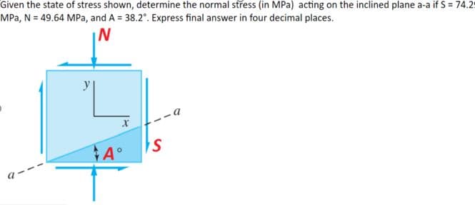 Given the state of stress shown, determine the normal stress (in MPa) acting on the inclined plane a-a if S = 74.2
MPa, N = 49.64 MPa, and A = 38.2°. Express final answer in four decimal places.
N
X
A°
S