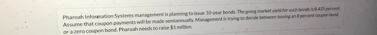 Pharoah Information Systems management is planning to issue 10-year bonds. The going market yield for such bonds is 8.435 percent.
Assume that coupon payments will be made semiannually. Management is trying to decide between issuing an 8 percent coupon bond
or a zero coupon bond. Pharoah needs to raise $1 million.