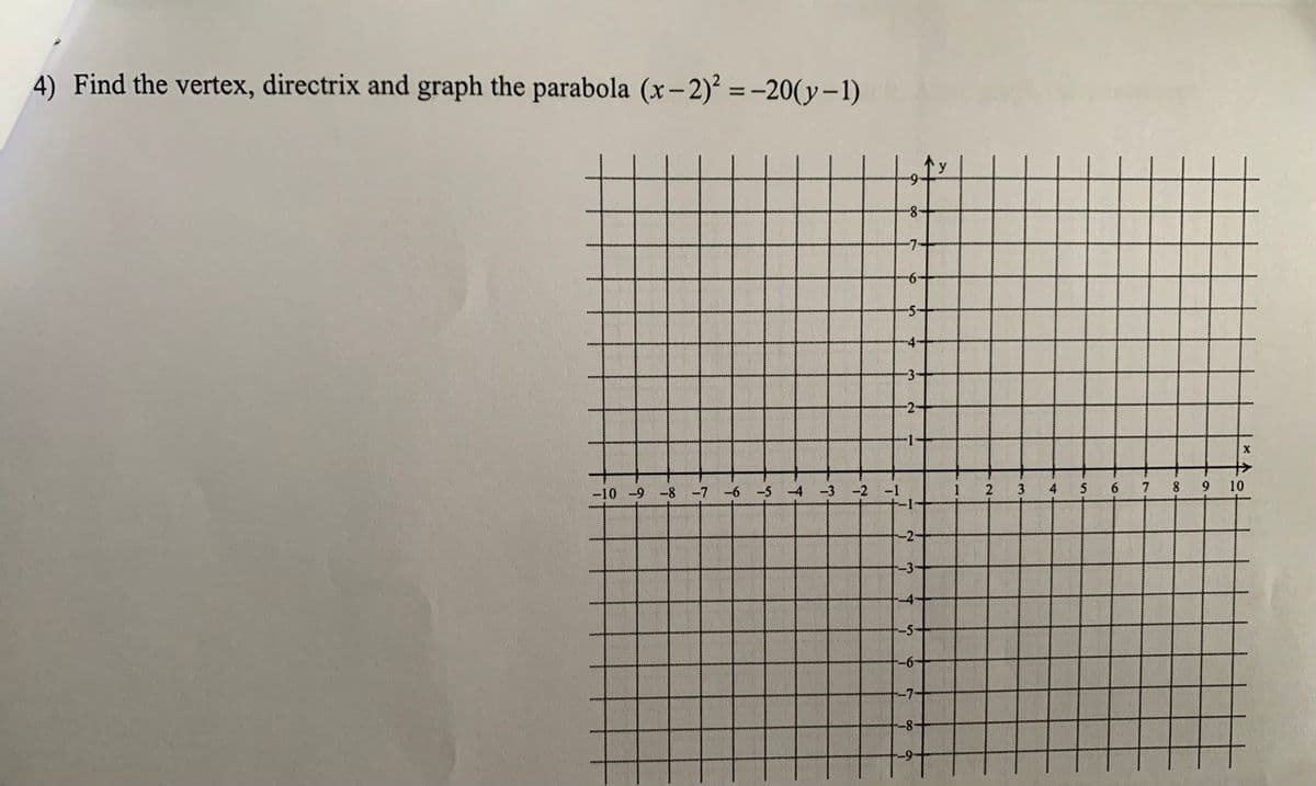 4) Find the vertex, directrix and graph the parabola (x-2)² = -20(y-1)
-10 -9 -8 -7 -6 -5
-4 -3
-9-
-8-
-7-
-6-
-2 -1
-3
-2-
-1
-2-
-3-
-4
-5-
-6-
1
2 3
4
56
7
8
9
10