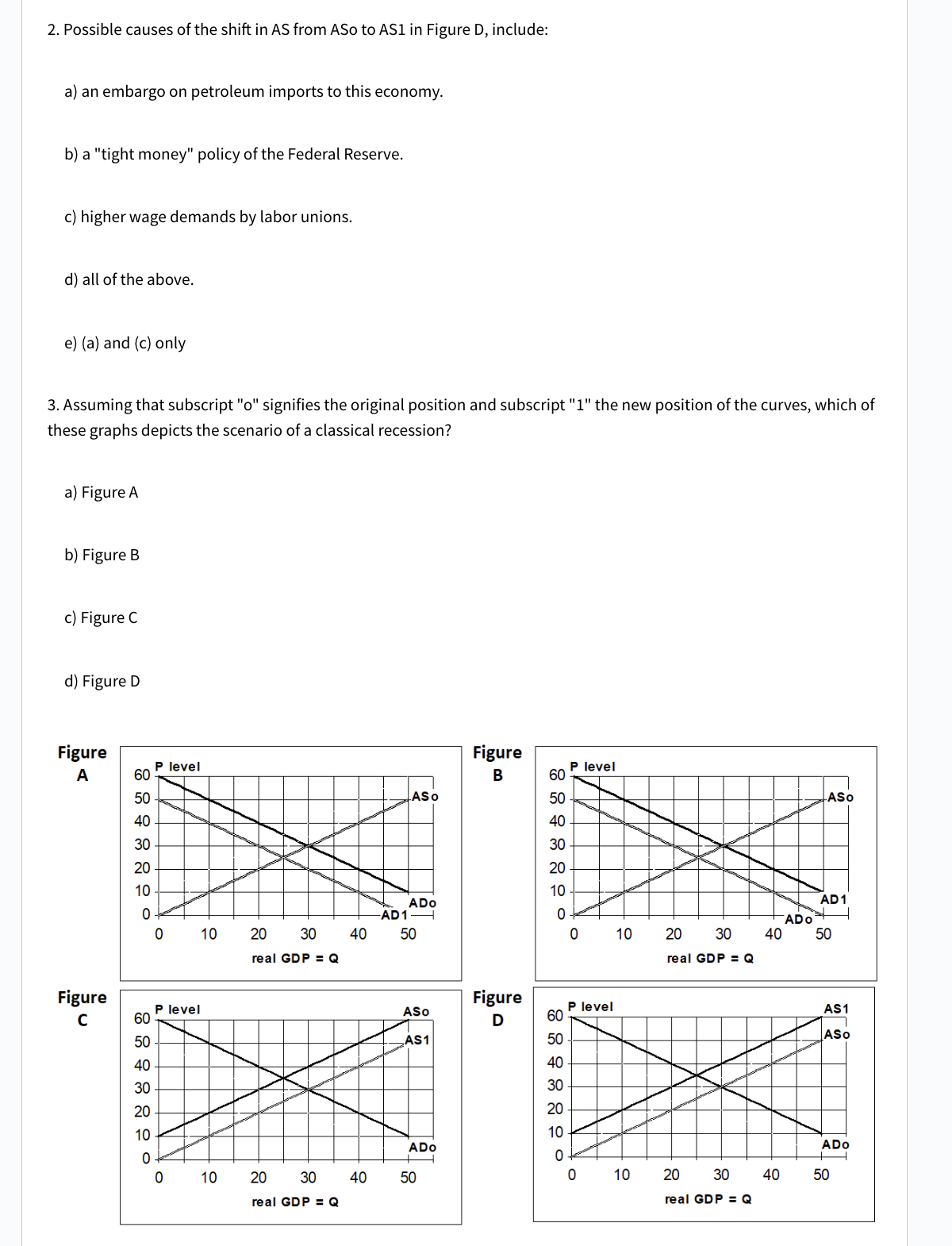 2. Possible causes of the shift in AS from ASo to AS1 in Figure D, include:
a) an embargo on petroleum imports to this economy.
b) a "tight money" policy of the Federal Reserve.
c) higher wage demands by labor unions.
d) all of the above.
e) (a) and (c) only
3. Assuming that subscript "o" signifies the original position and subscript "1" the new position of the curves, which of
these graphs depicts the scenario of a classical recession?
a) Figure A
b) Figure B
c) Figure C
d) Figure D
Figure
A
Figure
C
60
50
40
30
20
10
0
85788 0
60
50
40
30
20
10
0
level
0
10
P level
10
20 30
real GDP = Q
40
20 30 40
real GDP = Q
ASO
ADo
AD1-
50
ASO
AS1
ADO
50
Figure
B
Figure
D
60
50
40
30
20
10
0
60
50
40
30
20
10
0
P level
0
P level
0
10
10
20 30
real GDP = Q
20
30
real GDP = Q
ASO
40
AD1
ADO
40 50
AS1
ASO
ADO
H
50