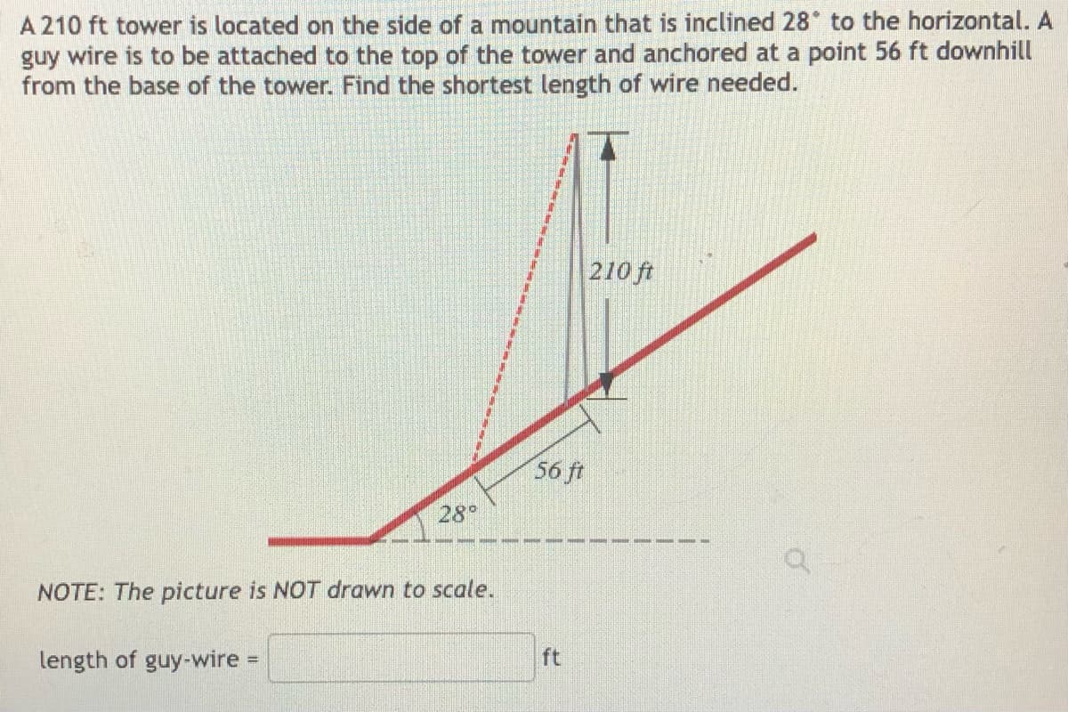 A 210 ft tower is located on the side of a mountain that is inclined 28 to the horizontal. A
guy wire is to be attached to the top of the tower and anchored at a point 56 ft downhill
from the base of the tower. Find the shortest length of wire needed.
210 ft
56 ft
28°
NOTE: The picture is NOT drawn to scale.
length of guy-wire
ft
