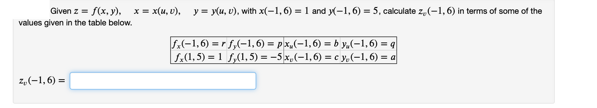 Given z =
= f(x, y),
x(u, v),
y = y(u, v), with x(-1, 6) = 1 and y(-1,6) = 5, calculate z,(-1, 6) in terms of some of the
X =
values given in the table below.
fx(-1,6) = r f,(-1,6) = px„(-1,6) = b y,(-1,6) = q
fx(1,5) = 1 f,(1,5) = -5 x,(-1,6) = c y,(-1,6) = a
%3D
z, (-1, 6) =
