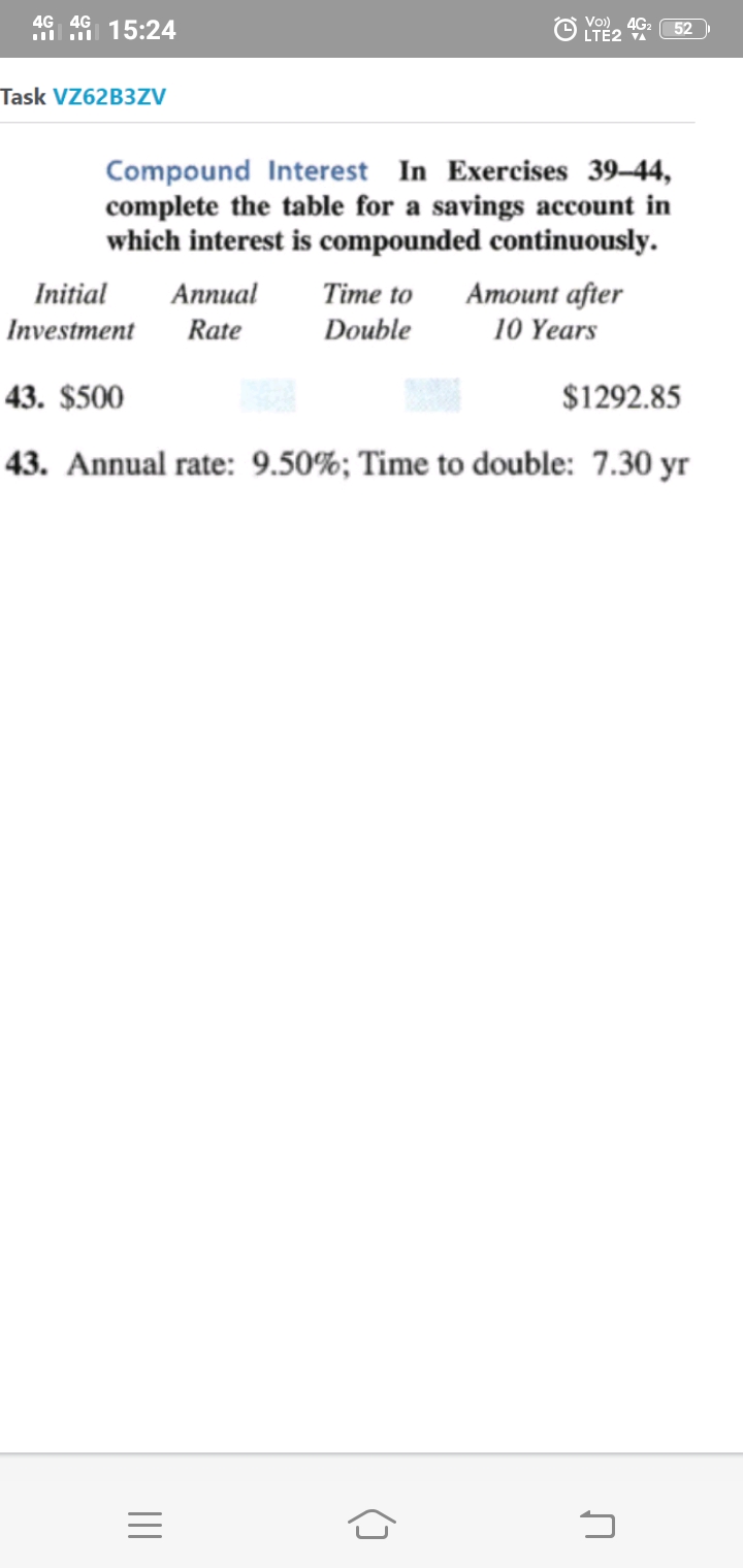 43. $500
$1292.85
43. Annual rate: 9.50%; Time to double: 7.30 yr
