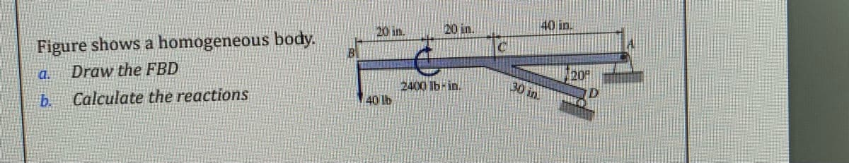 20 in.
20 in.
40 in.
Figure shows a homogeneous body.
Draw the FBD
20
a.
30 in.
Calculate the reactions
2400 lb-in.
40 lb
b.
