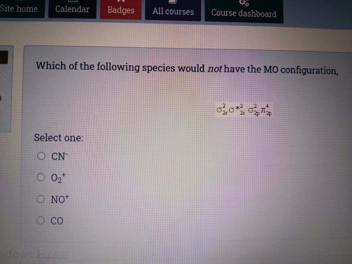 Site home
Calendar
Badges
All courses
Course dashboard
Which of the following species would not have the MO configuration,
2s
2p
Select one:
O CN
O 02*
O NO*
O CO
dows
