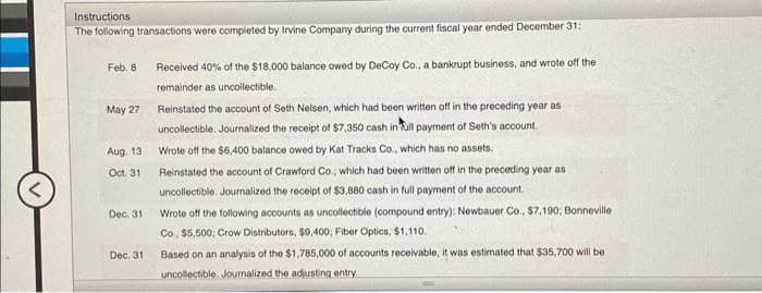 ^
Instructions
The following transactions were completed by Irvine Company during the current fiscal year ended December 31:
Feb. 8
May 27
Aug. 13
Oct. 31
Dec. 31
Dec. 31
Received 40% of the $18,000 balance owed by DeCoy Co., a bankrupt business, and wrote off the
remainder as uncollectible.
Reinstated the account of Seth Nelsen, which had been written off in the preceding year as
uncollectible. Journalized the receipt of $7,350 cash in all payment of Seth's account.
Wrote off the $6,400 balance owed by Kat Tracks Co., which has no assets.
Reinstated the account of Crawford Co., which had been written off in the preceding year as
uncollectible. Journalized the receipt of $3,880 cash in full payment of the account.
Wrote off the following accounts as uncollectible (compound entry): Newbauer Co., $7,190; Bonneville
Co., $5,500; Crow Distributors, $9,400; Fiber Optics, $1,110.
Based on an analysis of the $1,785,000 of accounts receivable, it was estimated that $35,700 will be
uncollectible. Journalized the adjusting entry.