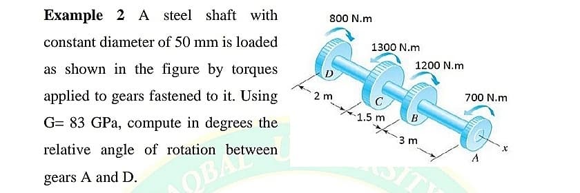 Example 2 A steel shaft with
800 N.m
constant diameter of 50 mm is loaded
1300 N.m
as shown in the figure by torques
D
1200 N.m
applied to gears fastened to it. Using
2 m
700 N.m
1.5 m
B
G= 83 GPa, compute in degrees the
3 m
relative angle of rotation between
gears A and D.
AOBA
