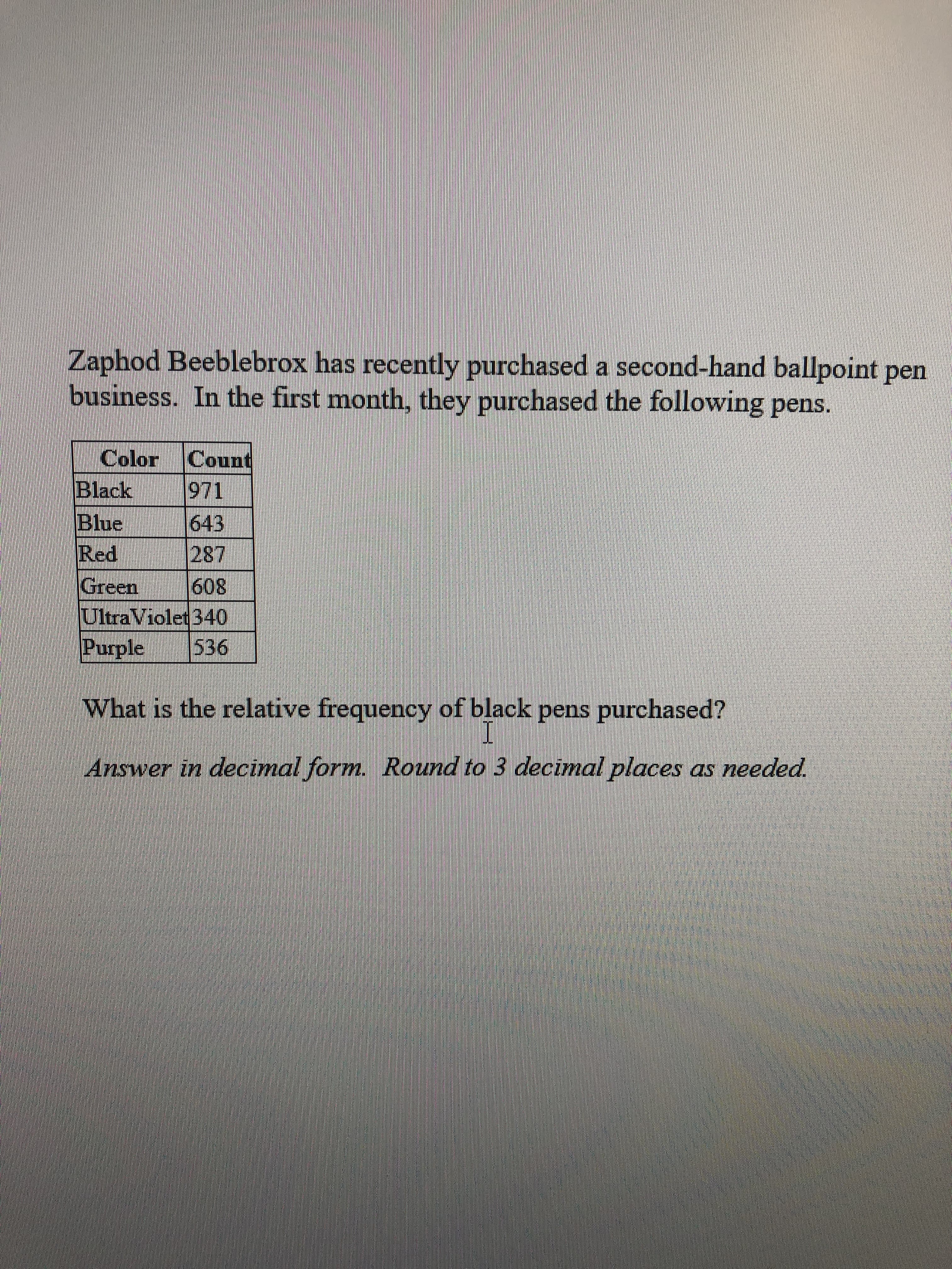 Zaphod Beeblebrox has recently purchased a second-hand ballpoint pen
business. In the first month, they purchased the following pens.
Count
971
643
287
Color
Black
Blue
Red
Green
608
UltraViolet 340
536
Purple
What is the relative frequency of black pens purchased?
I
Answer in decimal form Round to 3 decimal places as needed
