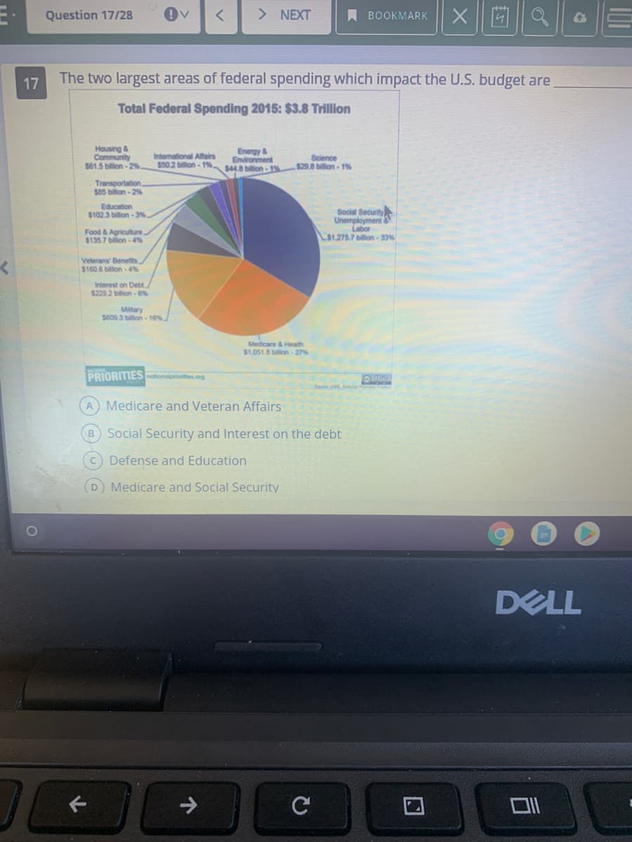 Question 17/28
> NEXT
A BOOKMARK
17
The two largest areas of federal spending which impact the U.S. budget are
Total Federal Spending 2015: $3.8 Trillion
Housing &
Community
$61.5 billion - 2%
Energy &
Environment
$50.2 billion - 19% 48 bilion-1%
International Affairs
Science
$29.8 billion - 1%
Transportation,
$85 billion - 2%
Education
$102.3 bilion - 3%.
Social Security
Unemployment
Labor
L$1.275.7 bilion -33%
Food & Agriculture.
$135.7 biion 4%
Veterans Benefits,
$160.6 billion-4%
Interest on Debt
$229.2 bilion -6%
Miltary
S609.3 bilion - 16%
Medicare & Health
$1.051.8 billion-27%
PRIORITIES nationalpriotes.org
A Medicare and Veteran Affairs
B Social Security and Interest on the debt
C Defense and Education
Medicare and Social Security
DELL
