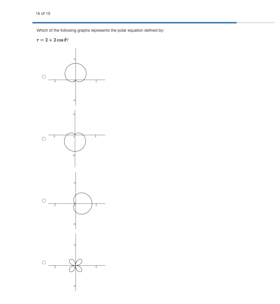 16 of 19
Which of the following graphs represents the polar equation defined by:
r = 2+2 cos 0?
