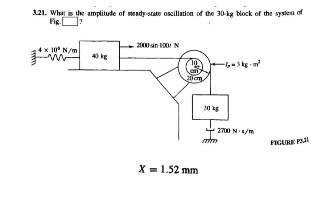 3.21. What is the amplitude of steady-state oscillation of the 30-kg block of the system of
Fig.
2000 sin 100N
4 x 106 N/m
40 kg
=3 kg m2
cm
20 cm
30 kg
Y 2700 N.s/m
GURE P3.21
X = 1.52 mm
