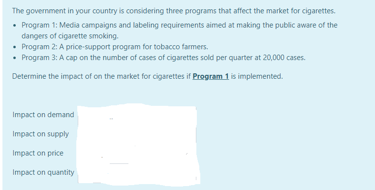 The government in your country is considering three programs that affect the market for cigarettes.
• Program 1: Media campaigns and labeling requirements aimed at making the public aware of the
dangers of cigarette smoking.
• Program 2: A price-support program for tobacco farmers.
• Program 3: A cap on the number of cases of cigarettes sold per quarter at 20,000 cases.
Determine the impact of on the market for cigarettes if Program 1 is implemented.
Impact on demand
Impact on supply
Impact on price
Impact on quantity
