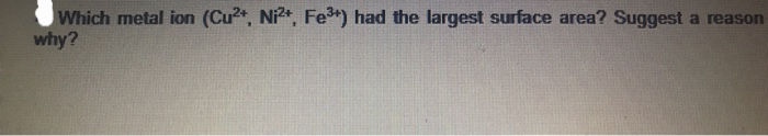 Which metal ion (Cu²+, Ni²+, Fe³+) had the largest surface area? Suggest a reason
why?