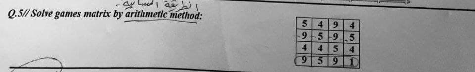 y Ludi ae
Q.5// Solve games matrix by arithmetic method:
549
95 95
4 4 5 4
591
4.
6.

