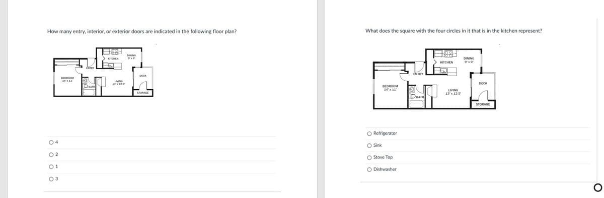 How many entry, interior, or exterior doors are indicated in the following floor plan?
What does the square with the four circles in it that is in the kitchen represent?
DINING
DINING
9'x 9
KITCHEN
KITCHEN
ENTRY
BEDROOM
14'x 11
UIVINO
13'x 125
DECK
DRATH
BEDROOM
14'x 11
STORAGE
DBATH
STORAGE
O Refrigerator
04
O Sink
O 2
O Stove Top
01
O Dishwasher
O 3
