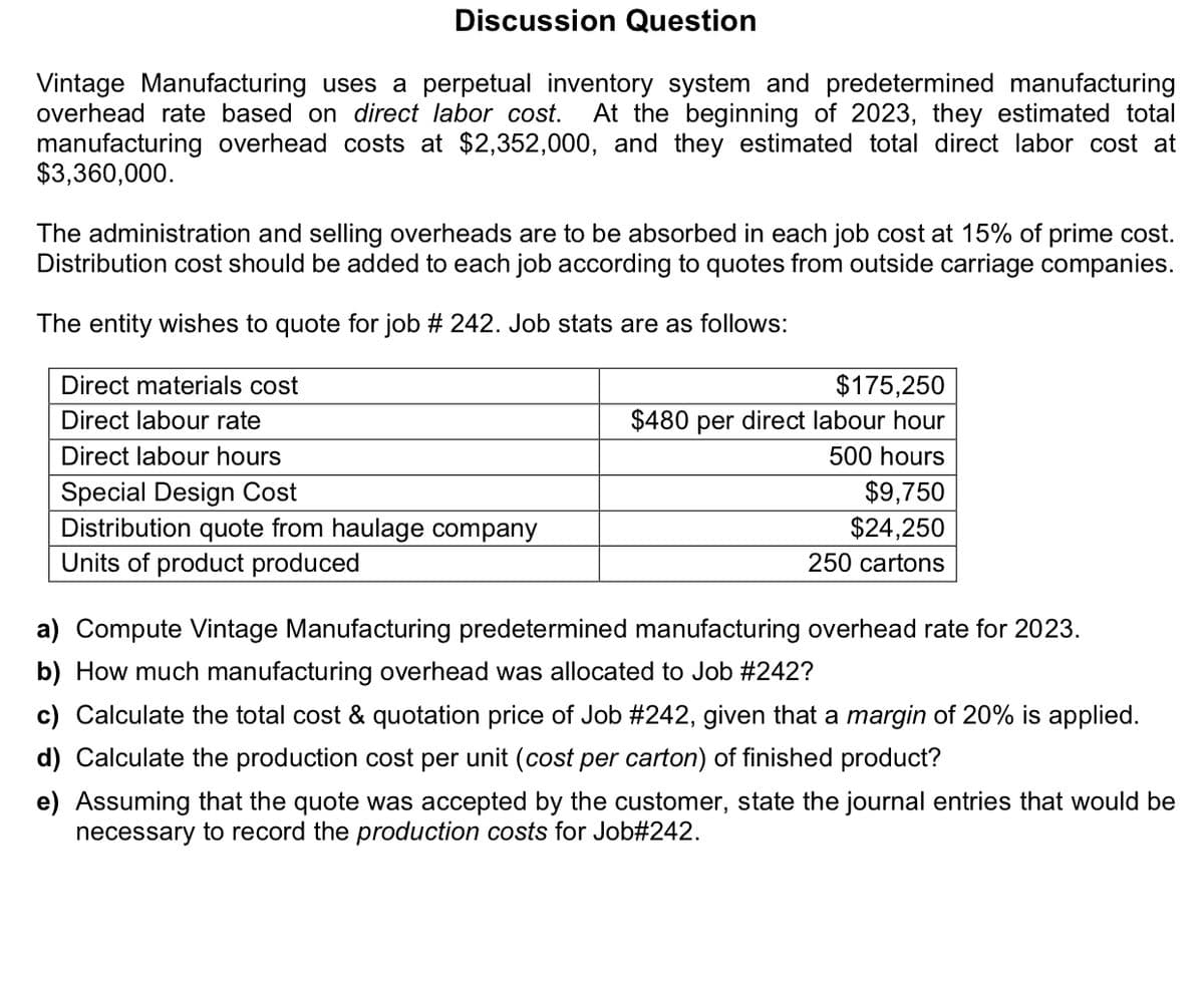 Discussion Question
Vintage Manufacturing uses a perpetual inventory system and predetermined manufacturing
overhead rate based on direct labor cost. At the beginning of 2023, they estimated total
manufacturing overhead costs at $2,352,000, and they estimated total direct labor cost at
$3,360,000.
The administration and selling overheads are to be absorbed in each job cost at 15% of prime cost.
Distribution cost should be added to each job according to quotes from outside carriage companies.
The entity wishes to quote for job # 242. Job stats are as follows:
Direct materials cost
Direct labour rate
Direct labour hours
$175,250
$480 per direct labour hour
500 hours
Special Design Cost
Distribution quote from haulage company
Units of product produced
$9,750
$24,250
250 cartons
a) Compute Vintage Manufacturing predetermined manufacturing overhead rate for 2023.
b) How much manufacturing overhead was allocated to Job #242?
c) Calculate the total cost & quotation price of Job #242, given that a margin of 20% is applied.
d) Calculate the production cost per unit (cost per carton) of finished product?
e) Assuming that the quote was accepted by the customer, state the journal entries that would be
necessary to record the production costs for Job#242.