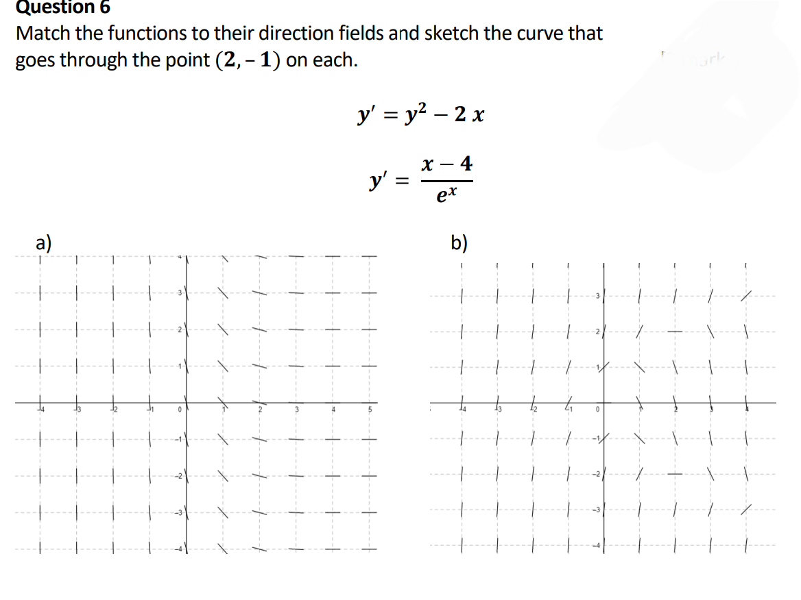 Question 6
Match the functions to their direction fields and sketch the curve that
goes through the point (2, – 1) on each.
a)
t
F
F
+
+
y' = y² - 2x
y'
x- 4
ex
b)
0