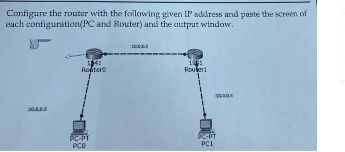 Configure the router with the following given IP address and paste the screen of
each configuration(PC and Router) and the output window.
10.0.0.5
1941
Roiter0
191
Routeri
10.0.0.4
10.0.0.3
PC-PT
PCO
PC-PT
PC1
