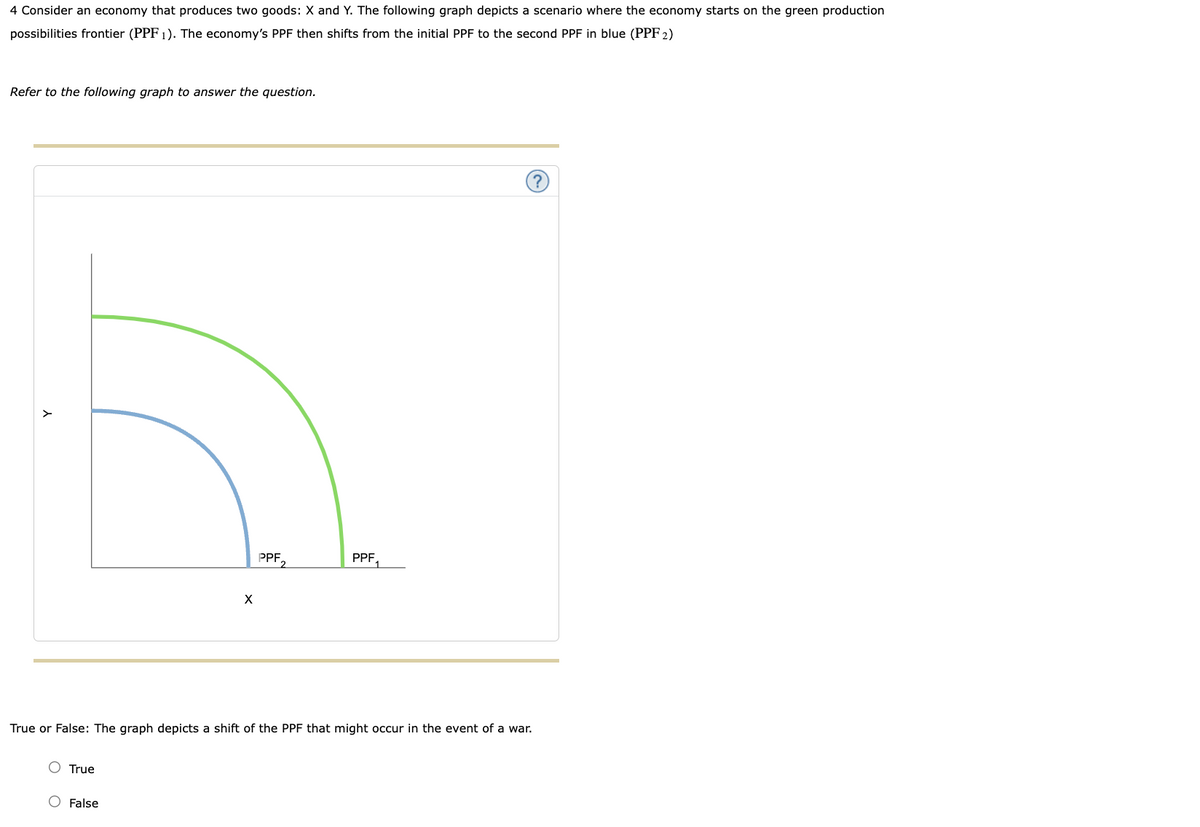 4 Consider an economy that produces two goods: X and Y. The following graph depicts a scenario where the economy starts on the green production
possibilities frontier (PPF 1). The economy's PPF then shifts from the initial PPF to the second PPF in blue (PPF 2)
Refer to the following graph to answer the question.
X
PPF 2
PPF
1
True or False: The graph depicts a shift of the PPF that might occur in the event of a war.
O True
O False