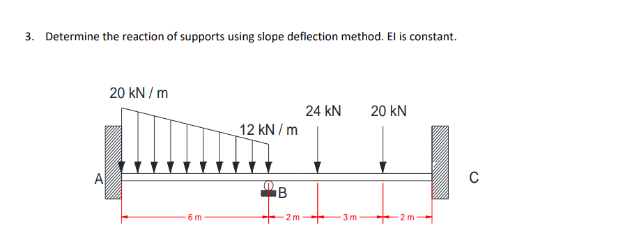 3. Determine the reaction of supports using slope deflection method. El is constant.
A
20 kN/m
6 m
12 kN/m
B
2 m
24 KN
3m
20 kN
2 m
C