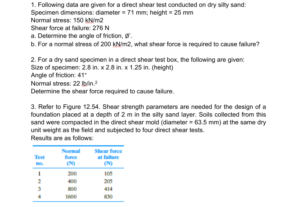 1. Following data are given for a direct shear test conducted on dry silty sand:
Specimen dimensions: diameter = 71 mm; height = 25 mm
Normal stress: 150 kN/m2
Shear force at failure: 276 N
a. Determine the angle of friction, Ø.
b. For a normal stress of 200 kN/m2, what shear force is required to cause failure?
2. For a dry sand specimen in a direct shear test box, the following are given:
Size of specimen: 2.8 in. x 2.8 in. x 1.25 in. (height)
Angle of friction: 41°
Normal stress: 22 lb/in.²
Determine the shear force required to cause failure.
3. Refer to Figure 12.54. Shear strength parameters are needed for the design of a
foundation placed at a depth of 2 m in the silty sand layer. Soils collected from this
sand were compacted in the direct shear mold (diameter = 63.5 mm) at the same dry
unit weight as the field and subjected to four direct shear tests.
Results are as follows:
Test
no.
1
2
3
4
Normal
force
(N)
200
400
800
1600
Shear force
at failure
(N)
105
205
414
830