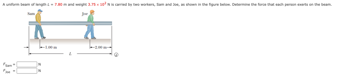 A uniform beam of length L = 7.80 m and weight 3.75 × 10² N is carried by two workers, Sam and Joe, as shown in the figure below. Determine the force that each person exerts on the beam.
Joe
Sam
F
Sam
Joe
N
=
N
-1.00 m
-2.00 m-
L