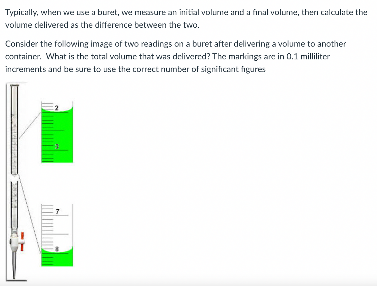 Typically, when we use a buret, we measure an initial volume and a final volume, then calculate the
volume delivered as the difference between the two.
Consider the following image of two readings on a buret after delivering a volume to another
container. What is the total volume that was delivered? The markings are in 0.1 milliliter
increments and be sure to use the correct number of significant figures