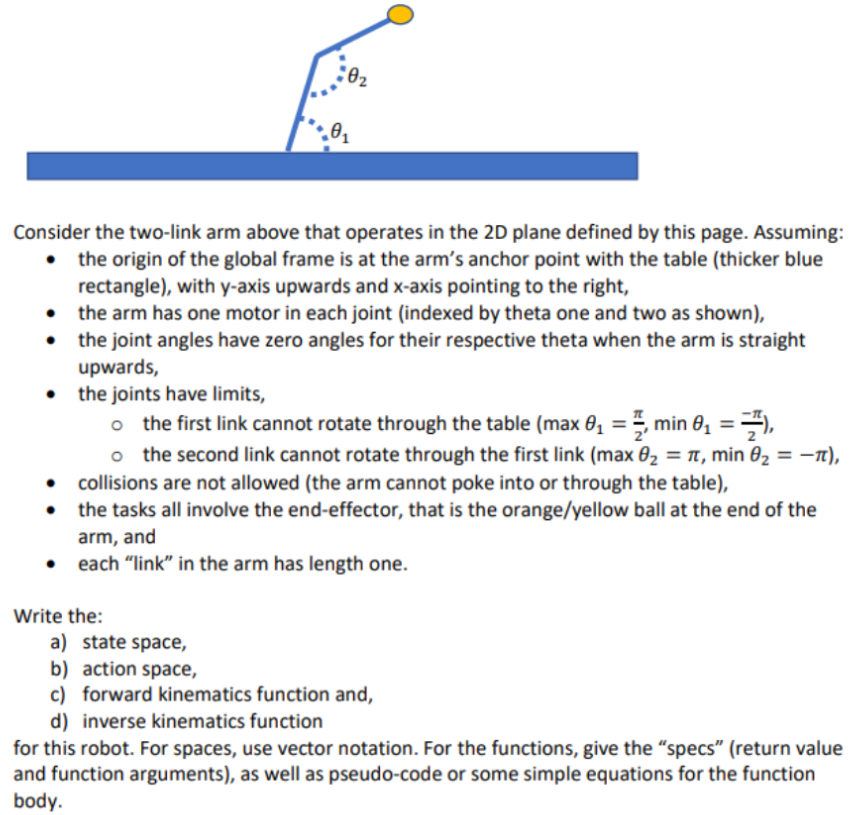 Consider the two-link arm above that operates in the 2D plane defined by this page. Assuming:
• the origin of the global frame is at the arm's anchor point with the table (thicker blue
rectangle), with y-axis upwards and x-axis pointing to the right,
• the arm has one motor in each joint (indexed by theta one and two as shown),
the joint angles have zero angles for their respective theta when the arm is straight
upwards,
• the joints have limits,
o the first link cannot rotate through the table (max 6, = , min 0, =),
o the second link cannot rotate through the first link (max 02 = TI, min 02 = -n),
collisions are not allowed (the arm cannot poke into or through the table),
the tasks all involve the end-effector, that is the orange/yellow ball at the end of the
%3D
%3D
arm, and
• each "link" in the arm has length one.
Write the:
a) state space,
b) action space,
c) forward kinematics function and,
d) inverse kinematics function
for this robot. For spaces, use vector notation. For the functions, give the “specs" (return value
and function arguments), as well as pseudo-code or some simple equations for the function
body.
