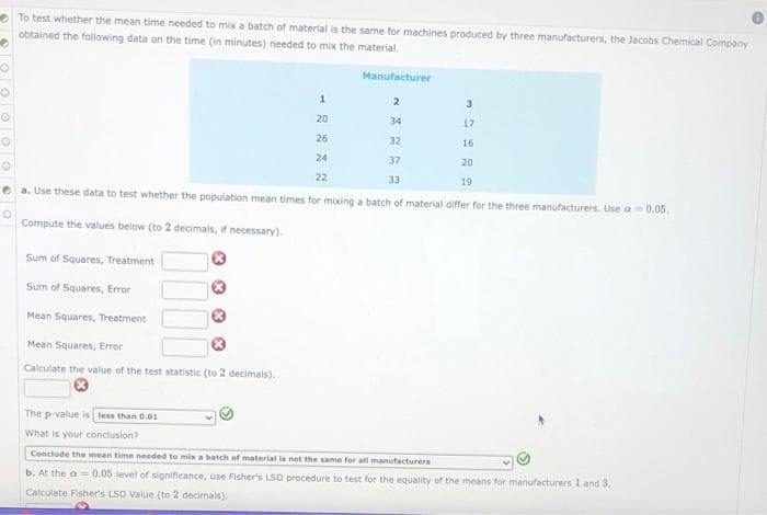 O To test whether the mean time needed to mix a batch of material is the same for machines produced by three manufacturers, the Jacobs Chemical Company
obtained the following data on the time (in minutes) needed to mix the material.
Manufacturer
20
34
17
26
32
16
24
37
20
22
33
19
e a. Use these data to test whether the population mean times for mixing a batch of material differ for the three manufacturers. Use a0.05.
Compute the values below (to 2 decimals, if necessary).
Sum of Squares, Treatment
Sum of Squares, Error
Mean Squares, Treatment
Mean Squares, Error
Calculate the value of the test statistic (to 2 decimals).
The p-value is less than 0.01
What is your conclusion?
Conclude the mean time needed to mix a batch of material is not the same for all manufacturers
b. At the a = 0.05 level of significance, use Fisher's LSD procedure to test for the equality of the means for manufacturers 1 and 3,
Calculate Fisher's LSD Value (to 2 decimals).
