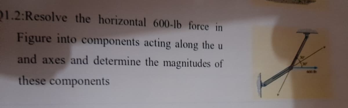 01.2:Resolve the horizontal 600-lb force in
Figure into components acting along the u
and axes and determine the magnitudes of
600 b
these components
