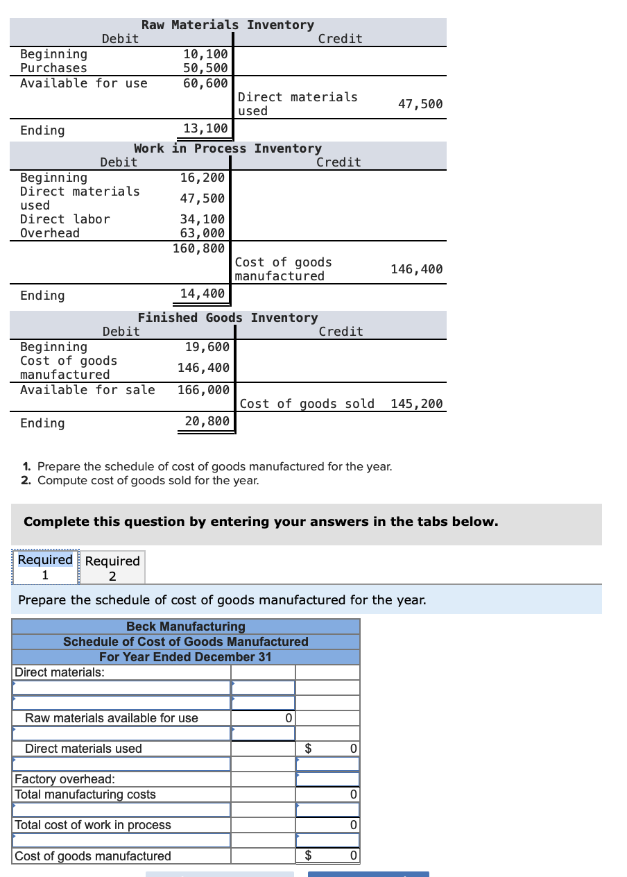 Ending
Beginning
Purchases
Available for use
Debit
Ending
Beginning
Direct materials
used
Direct labor
Overhead
Ending
Debit
Work
Raw Materials Inventory
Debit
Beginning
Cost of goods
manufactured
Available for sale.
Required Required
1
2
Direct materials:
10, 100
50,500
60, 600
13, 100
in Process Inventory
16, 200
47,500
34,100
63,000
160,800
14,400
Finished Goods Inventory
19,600
146,400
166,000
20,800
Direct materials used
Direct materials
used
Raw materials available for use
Factory overhead:
Total manufacturing costs
Total cost of work in process
Cost of goods manufactured
Credit
Cost of goods
manufactured
1. Prepare the schedule of cost of goods manufactured for the year.
2. Compute cost of goods sold for the year.
Credit
Complete this question by entering your answers in the tabs below.
Prepare the schedule of cost of goods manufactured for the year.
Beck Manufacturing
Schedule of Cost of Goods Manufactured
For Year Ended December 31
0
Credit
Cost of goods sold 145,200
$
$
0
47,500
146,400
0
0
0