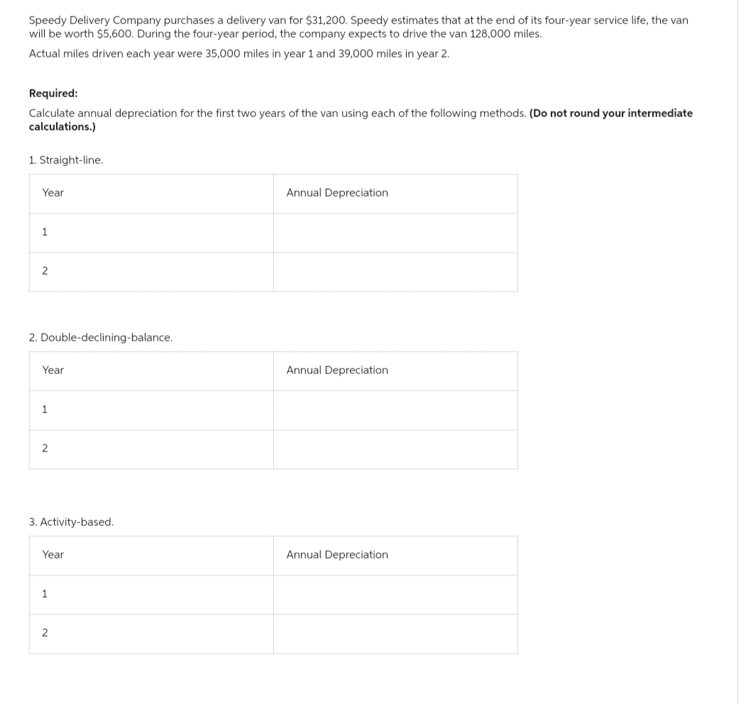 Speedy Delivery Company purchases a delivery van for $31,200. Speedy estimates that at the end of its four-year service life, the van
will be worth $5,600. During the four-year period, the company expects to drive the van 128,000 miles.
Actual miles driven each year were 35,000 miles in year 1 and 39,000 miles in year 2.
Required:
Calculate annual depreciation for the first two years of the van using each of the following methods. (Do not round your intermediate
calculations.)
1. Straight-line.
Year
1
2
2. Double-declining-balance.
Year
1
2
3. Activity-based.
Year
1
2
Annual Depreciation
Annual Depreciation
Annual Depreciation