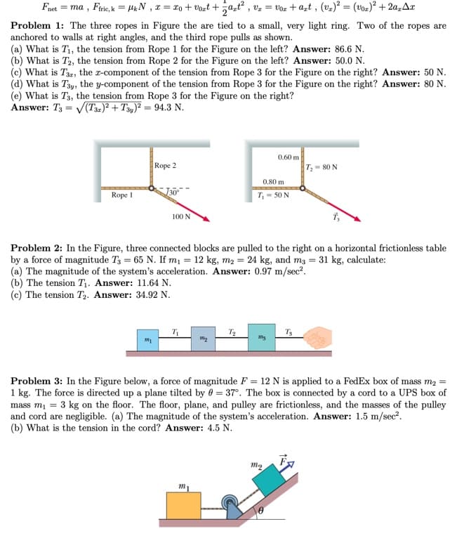 Fnet = ma , Frie, k = HkN , x = 1o + vozt + ;a̟ť² , vz = voz + a„t , (vz)² = (voz)² + 2a,A¤
Problem 1: The three ropes in Figure the are tied to a small, very light ring. Two of the ropes are
anchored to walls at right angles, and the third rope pulls as shown.
(a) What is T1, the tension from Rope 1 for the Figure on the left? Answer: 86.6 N.
(b) What is T2, the tension from Rope 2 for the Figure on the left? Answer: 50.0 N.
(c) What is T3r, the r-component of the tension from Rope 3 for the Figure on the right? Answer: 50 N.
(d) What is T3y, the y-component of the tension from Rope 3 for the Figure on the right? Answer: 80 N.
(e) What is T3, the tension from Rope 3 for the Figure on the right?
Answer: T3 = V(T3-)² + T3,)² = 94.3 N.
0.60 m
Rope 2
T,= 80 N
0.80 m
Rope I
T, = 50 N
100 N
Problem 2: In the Figure, three connected blocks are pulled to the right on a horizontal frictionless table
by a force of magnitude T3 = 65 N. If mị = 12 kg, m2 = 24 kg, and m3 = 31 kg, calculate:
(a) The magnitude of the system's acceleration. Answer: 0.97 m/sec?.
(b) The tension T. Answer: 11.64 N.
(c) The tension T2. Answer: 34.92 N.
Problem 3: In the Figure below, a force of magnitude F = 12 N is applied to a FedEx box of mass m2 =
1 kg. The force is directed up a plane tilted by 0 = 37°. The box is connected by a cord to a UPS box of
mass m, = 3 kg on the floor. The floor, plane, and pulley are frictionless, and the masses of the pulley
and cord are negligible. (a) The magnitude of the system's acceleration. Answer: 1.5 m/sec?.
(b) What is the tension in the cord? Answer: 4.5 N.
