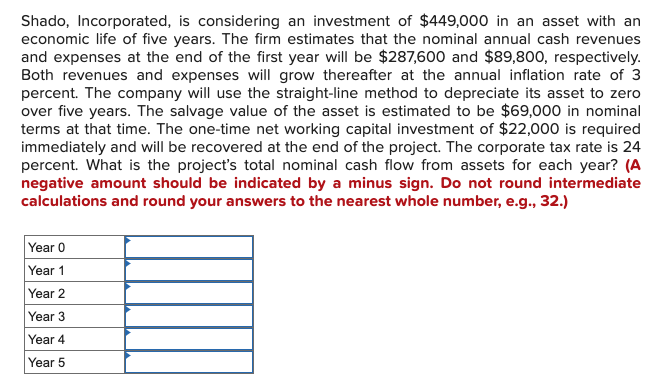 Shado, Incorporated, is considering an investment of $449,000 in an asset with an
economic life of five years. The firm estimates that the nominal annual cash revenues
and expenses at the end of the first year will be $287,600 and $89,800, respectively.
Both revenues and expenses will grow thereafter at the annual inflation rate of 3
percent. The company will use the straight-line method to depreciate its asset to zero
over five years. The salvage value of the asset is estimated to be $69,000 in nominal
terms at that time. The one-time net working capital investment of $22,000 is required
immediately and will be recovered at the end of the project. The corporate tax rate is 24
percent. What is the project's total nominal cash flow from assets for each year? (A
negative amount should be indicated by a minus sign. Do not round intermediate
calculations and round your answers to the nearest whole number, e.g., 32.)
Year 0
Year 1
Year 2
Year 3
Year 4
Year 5