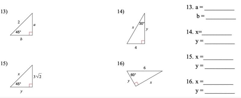 13. а %3D
13)
14)
b =
30
a
45°
14. х%3D
b
y =.
15. х %3D
15)
16)
y =,
60
16. х%3D
45°
y
y =
3.
2.
